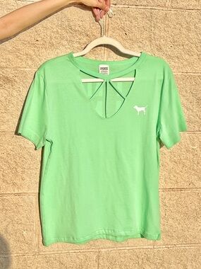 PINK Victoria’s Secret Green Cutout Campus Tee Logo Back Y2K